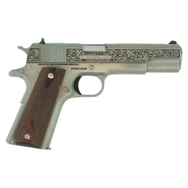 Colt Government Filigree Frame and Barrel Model Handgun .45 Auto 7rd Magazine 5" Barrel Stainless Finish